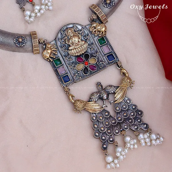Oxidised_Dual_Tone_Silver_Necklace_Set_with_Multicolor_Stones_and_Elephant_Motif