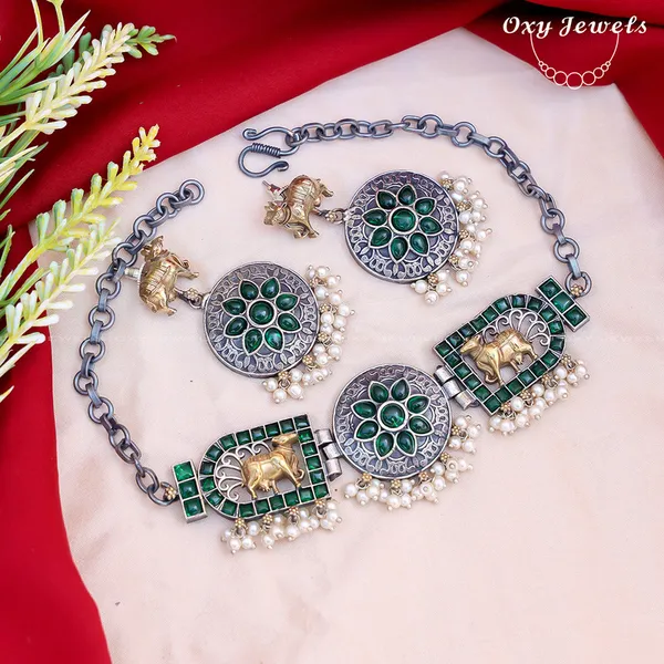 Oxidised_Dual_Tone_Green_Floral_&_Elephant_Motif_Necklace_Set_with_Pearls_-_Round_&_Rectangular_Shapes