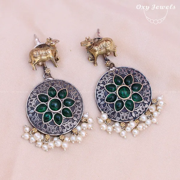 Oxidised_Dual_Tone_Green_Floral_&_Elephant_Motif_Necklace_Set_with_Pearls_-_Round_&_Rectangular_Shapes