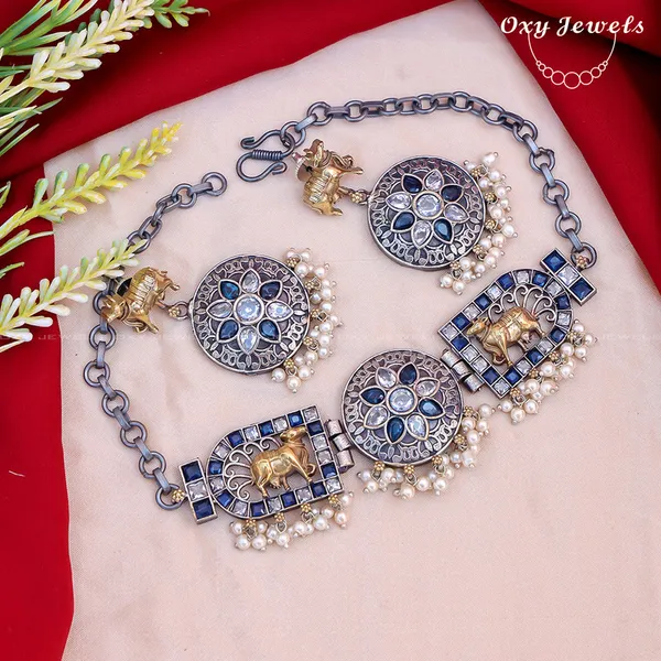 Oxidised_Dual_Tone_Elephant_Motif_Necklace_Set_-_Blue,_Gold,_Round_&_Rectangular_Shapes