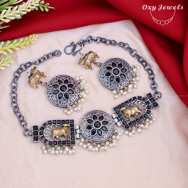 Oxidised_Dual_Tone_Silver_Elephant_Motif_Necklace_Set_with_Black_Floral_Circles_and_Pearl_Accents