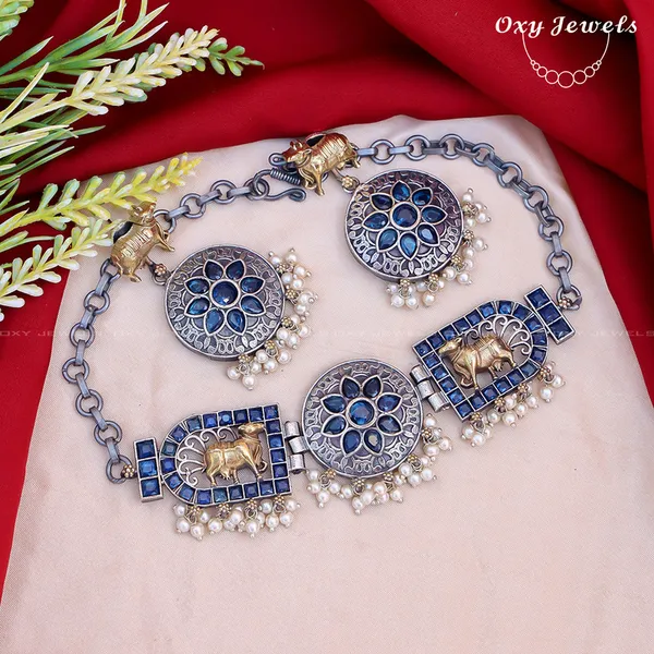 Oxidised_Dual_Tone_Blue_&_Silver_Elephant_Motif_Jewelry_Set_with_Round_&_Square_Shapes