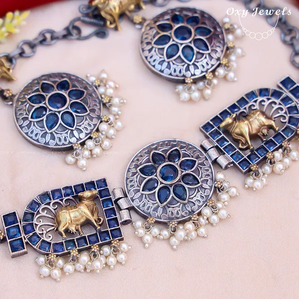 Oxidised_Dual_Tone_Blue_&_Silver_Elephant_Motif_Jewelry_Set_with_Round_&_Square_Shapes