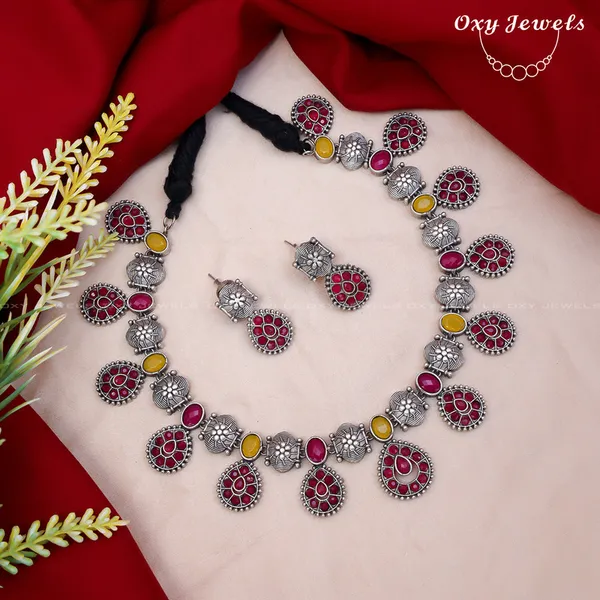 Oxidised_Dual_Tone_Silver_Necklace_Set_with_Red_and_Yellow_Floral_Design