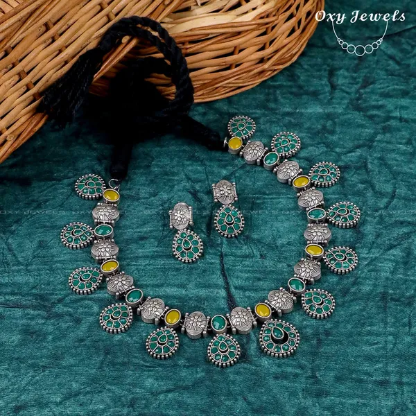 Oxidised_Dual_Tone_Silver_Necklace_Set_with_Green_&_Yellow_Oval_and_Floral_Designs