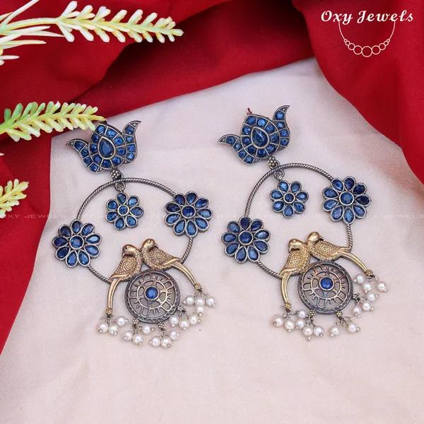 Oxidised_Dual_Tone_Blue_Floral_Bird_Earrings_with_Pearl_Accents_-_Round_Shape