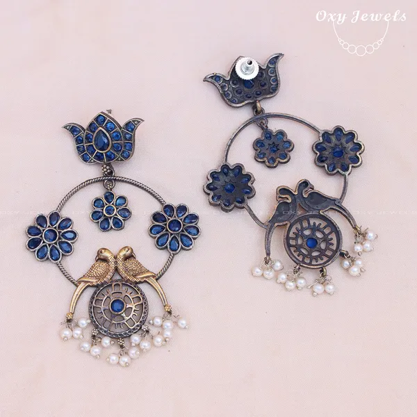 Oxidised_Dual_Tone_Blue_Floral_Bird_Earrings_with_Pearl_Accents_-_Round_Shape