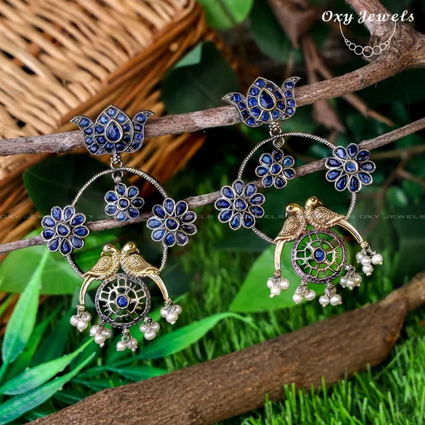 Oxidised_Dual_Tone_Blue_Floral_Bird_Earrings_with_Pearl_Accents_-_Round_Shape