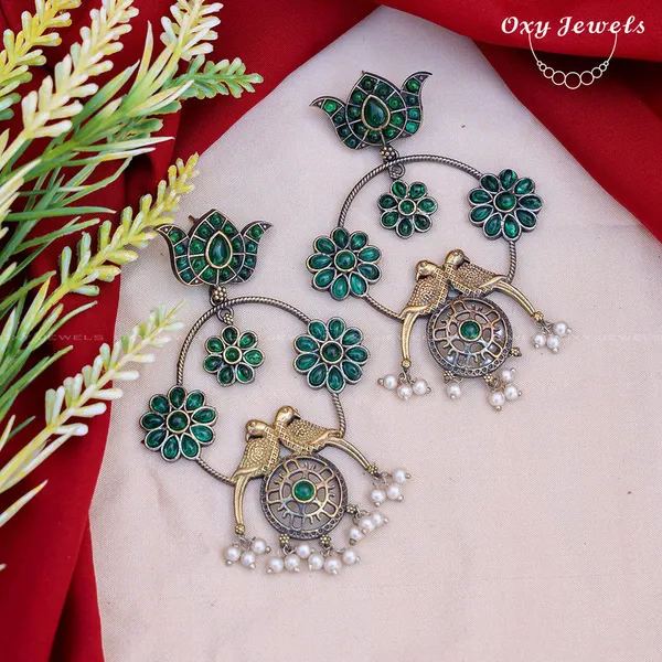 Oxidised_Dual_Tone_Green_Floral_Bird_Hoop_Earrings_with_Pearls