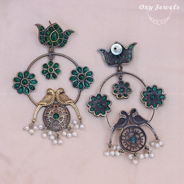 Oxidised_Dual_Tone_Green_Floral_Bird_Hoop_Earrings_with_Pearls