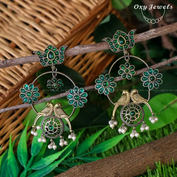 Oxidised_Dual_Tone_Green_Floral_Bird_Hoop_Earrings_with_Pearls