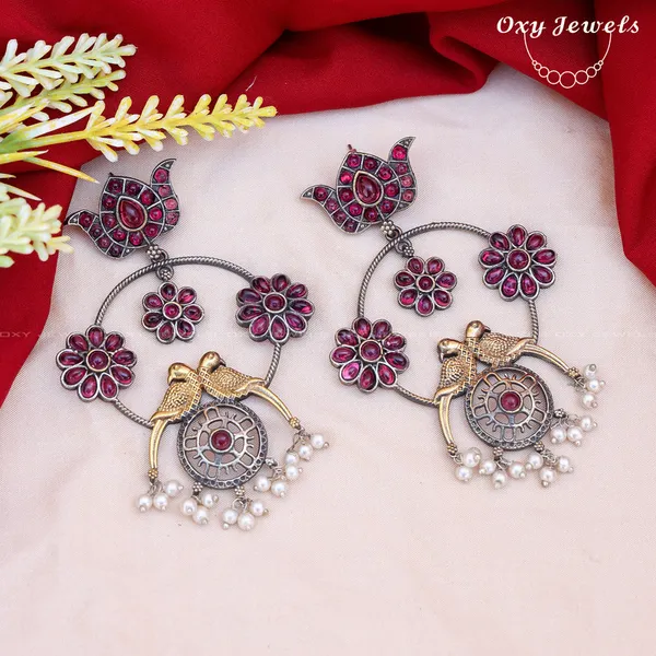 Oxidised_Dual_Tone_Silver_Floral_Bird_Earrings_-_Pink,_Round_&_Floral_Design