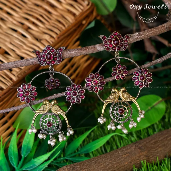 Oxidised_Dual_Tone_Silver_Floral_Bird_Earrings_-_Pink,_Round_&_Floral_Design