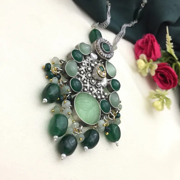 Green_and_Silver_Oxidised_Necklace_Set_with_Earrings_-_Teardrop_and_Oval_Shapes