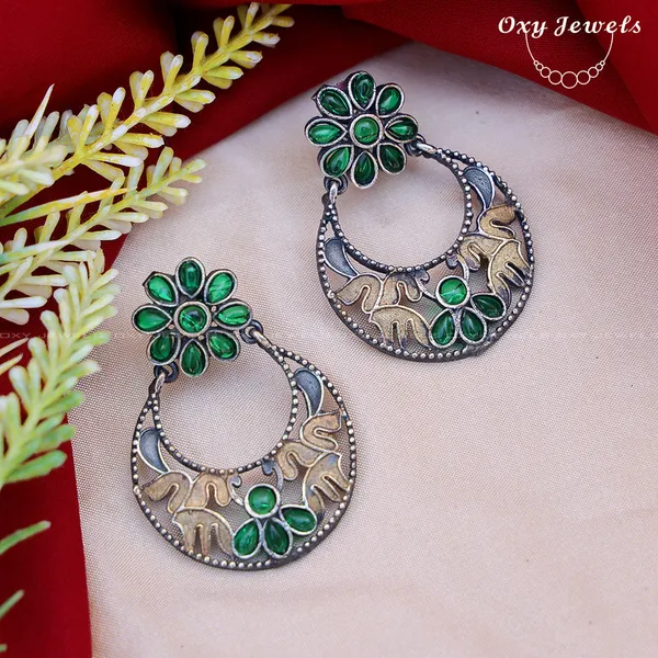 Oxidised_Dual_Tone_Floral_Hoop_Earrings_-_Green_&_Gold,_Round_Shape