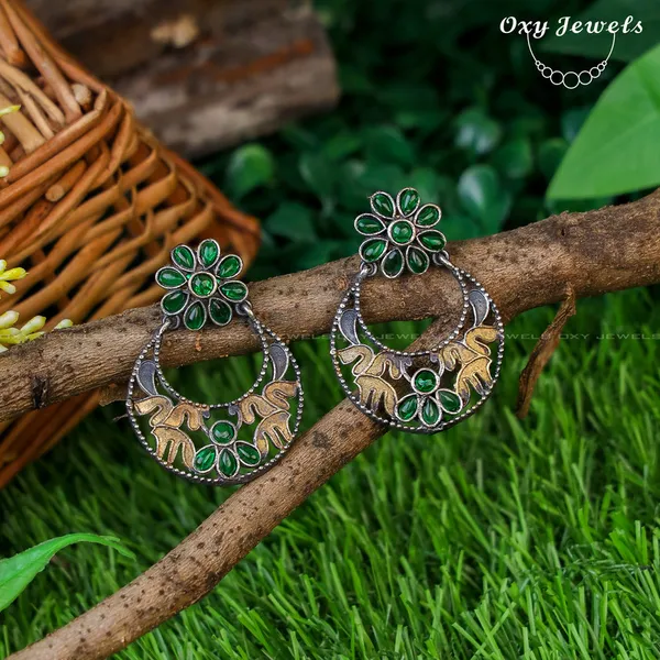 Oxidised_Dual_Tone_Floral_Hoop_Earrings_-_Green_&_Gold,_Round_Shape
