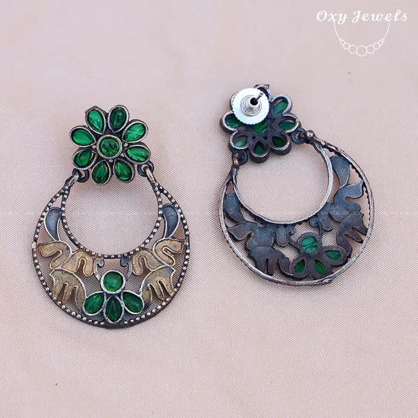 Oxidised_Dual_Tone_Floral_Hoop_Earrings_-_Green_&_Gold,_Round_Shape