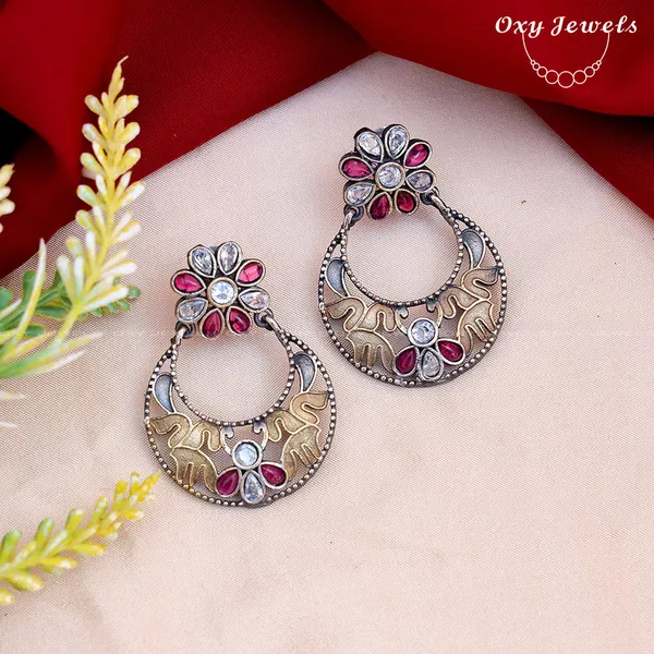 Floral_Oxidised_Dual_Tone_Earrings_-_Gold,_Silver,_Red,_White_-_Round_Shape
