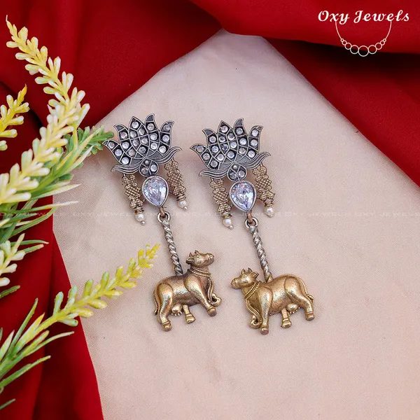 Oxidised_Dual_Tone_Silver_Lotus_and_Bull_Dangle_Earrings_-_Gold,_Silver,_Teardrop_Shape