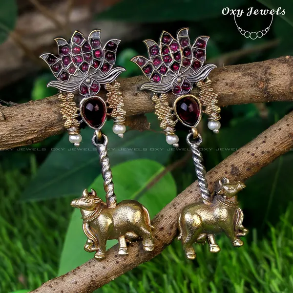 Oxidised_Dual_Tone_Silver_Lotus_and_Cow_Earrings_-_Red,_Gold,_Silver,_Floral_Design