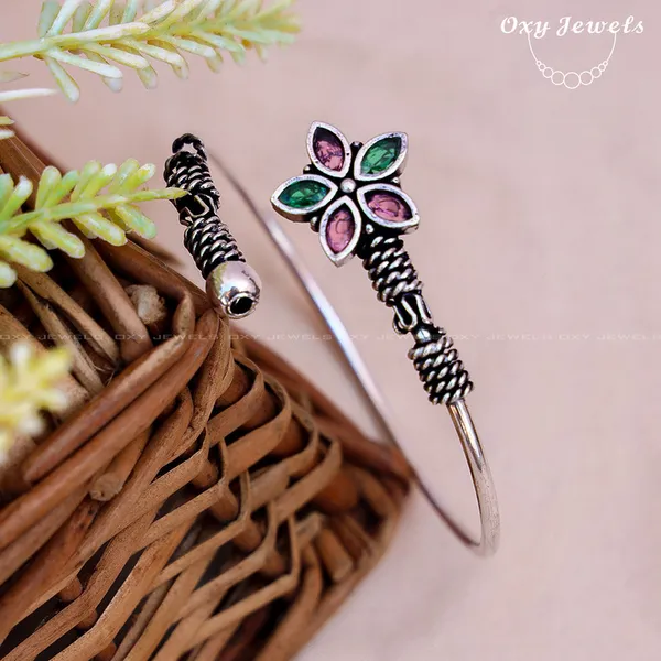 Oxidised_Silver_Floral_Bangle_with_Pink_and_Green_Stones