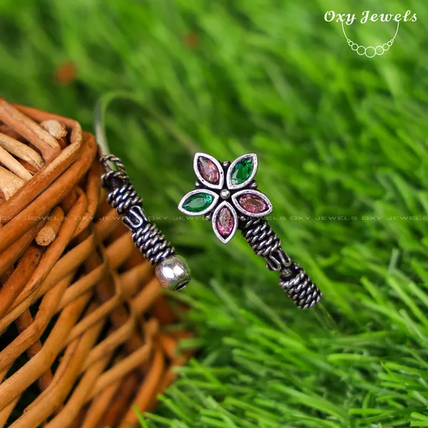 Oxidised_Silver_Floral_Bangle_with_Pink_and_Green_Stones