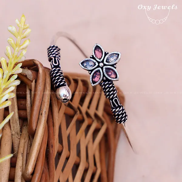 Floral_Oxidised_Silver_Bracelet_with_Pink_and_Blue_Gemstones_-_Adjustable_Open_Cuff_Design