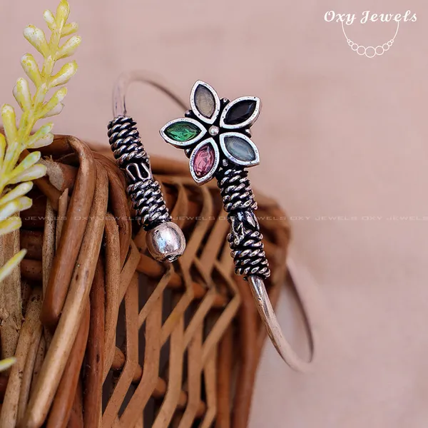 Floral_Oxidised_Silver_Bracelet_-_Multicolor_Gemstones,_Adjustable