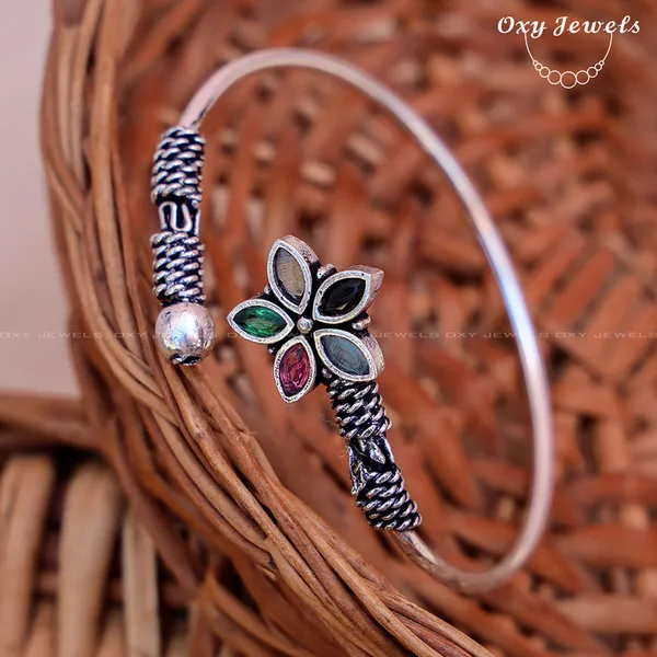 Floral_Oxidised_Silver_Bracelet_-_Multicolor_Gemstones,_Adjustable