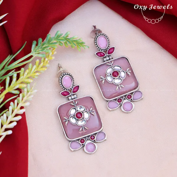 Pink_&_Red_Oxidised_Square_Earrings_-_Floral_Design