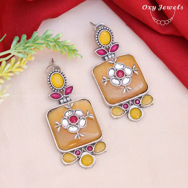 Oxidised_Silver_Earrings_with_Yellow_and_Red_Gemstones_-_Square_Floral_Design