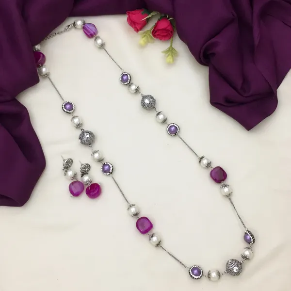 Purple_&_Silver_Long_Chain_Necklace_Set_with_Pearls_and_Beads