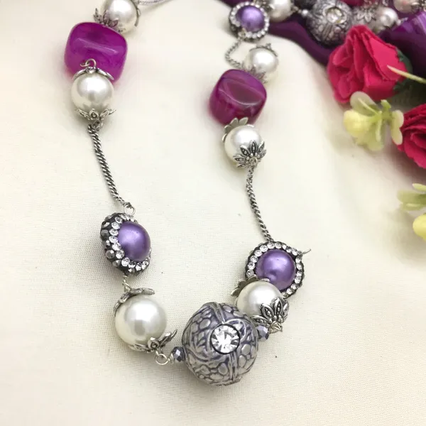 Purple_&_Silver_Long_Chain_Necklace_Set_with_Pearls_and_Beads