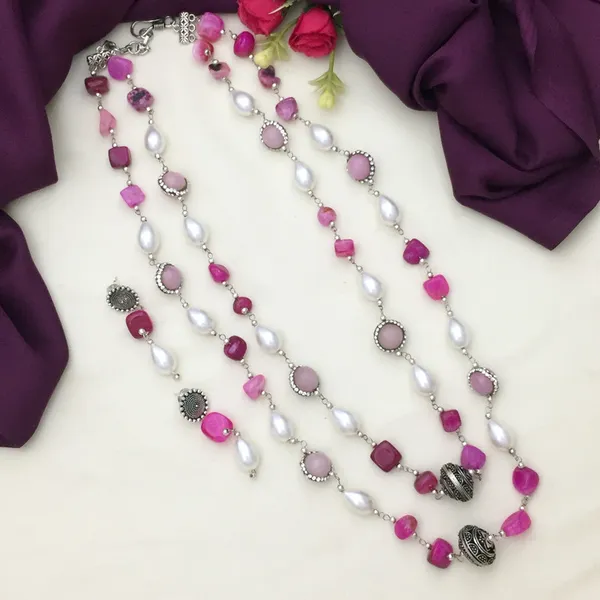 Pink_&_White_Long_Chain_Necklace_-_Oxidized_Silver,_Beads_&_Pearls