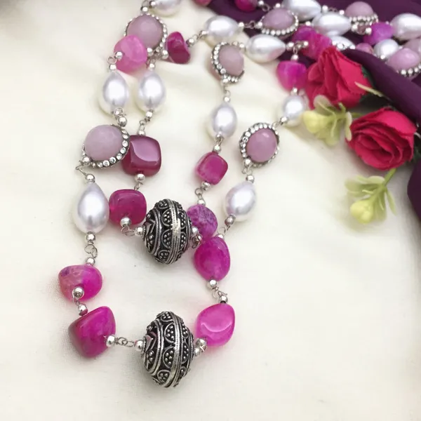 Pink_&_White_Long_Chain_Necklace_-_Oxidized_Silver,_Beads_&_Pearls