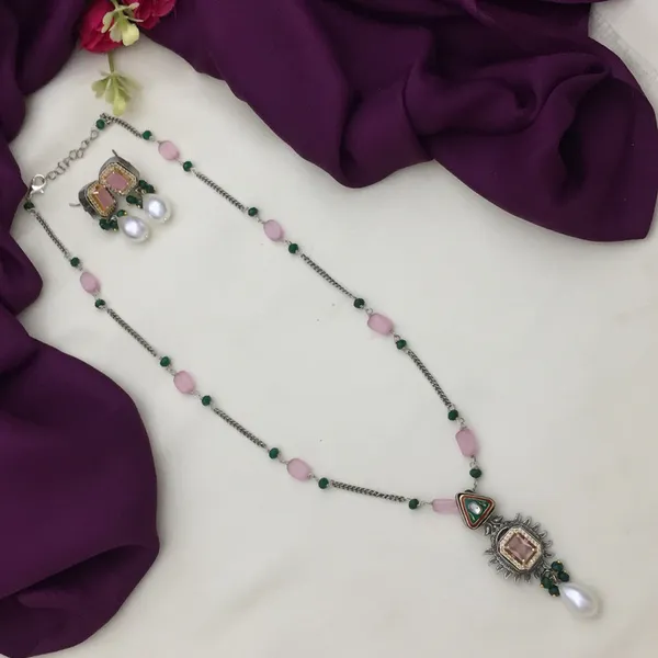 Oxidised_Long_Chain_Necklace_Set_-_Pink,_Green,_Silver_-_Geometric_Shapes