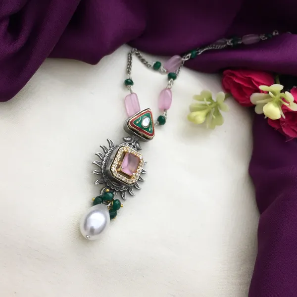 Oxidised_Long_Chain_Necklace_Set_-_Pink,_Green,_Silver_-_Geometric_Shapes