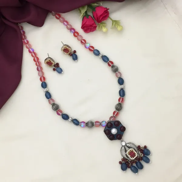 Oxidized_Long_Chain_Necklace_Set_-_Multicolor_Beads,_Hexagon_Pendant,_Teardrop_Earrings