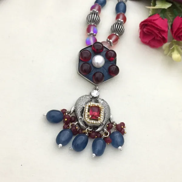 Oxidized_Long_Chain_Necklace_Set_-_Multicolor_Beads,_Hexagon_Pendant,_Teardrop_Earrings