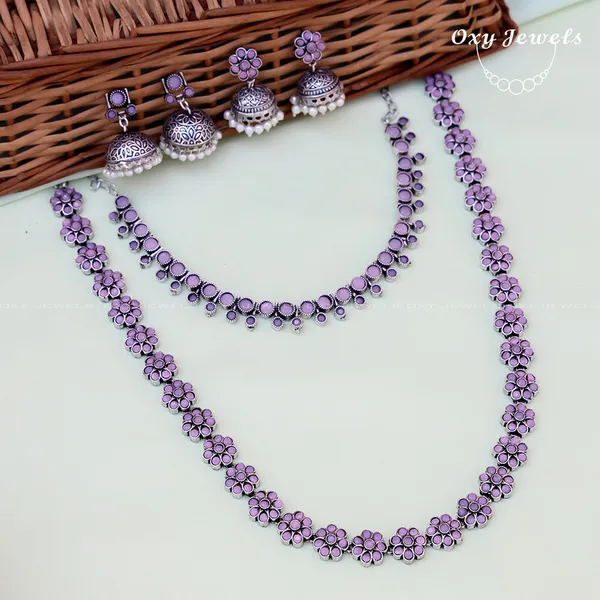 Pink_Floral_Oxidized_Necklace,_Long_Necklace_and_Earrings_Set