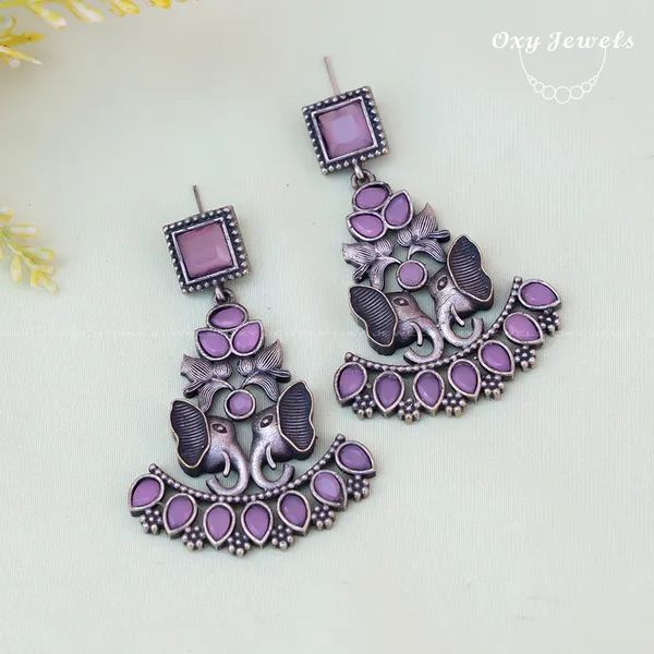 Oxidized_Silver_Elephant_Design_Purple_Stone_Dangle_Earrings