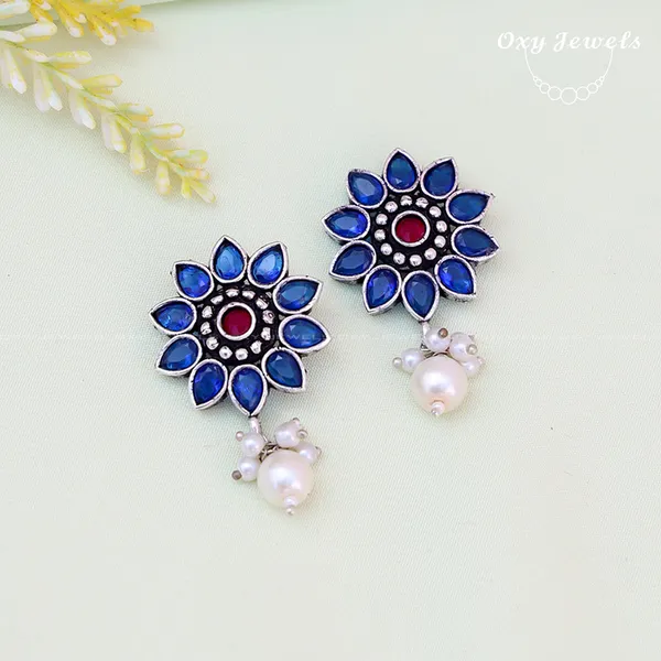 Elegant_Blue_Flower_Pearl_Drop_Earrings