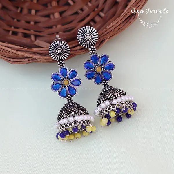 Handcrafted_Blue_Floral_Jhumka_Earrings_with_Beaded_Accents