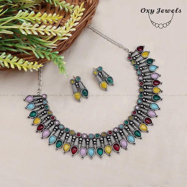 Multicolor_Teardrop_Oxidized_Necklace_and_Earrings_Set