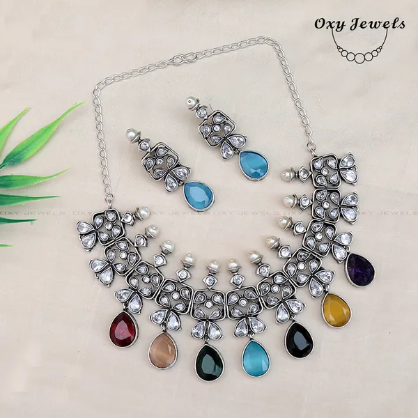 Elegant_Navaratna_Teardrop_Oxidized_Necklace_and_Earring_Set