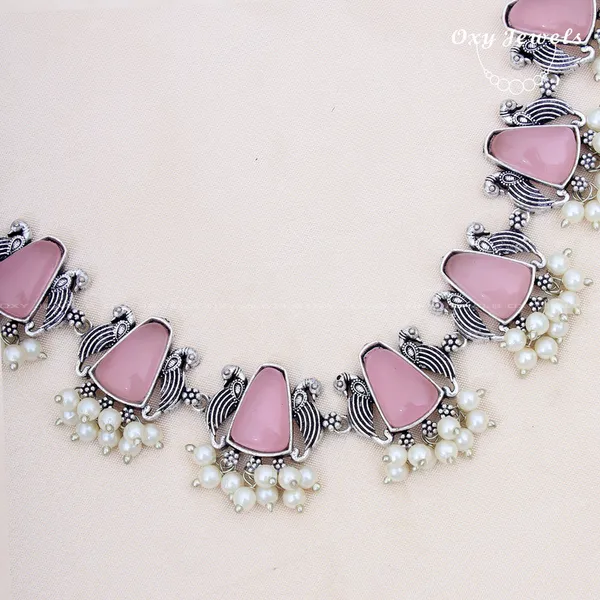 Oxidised_Silver_Necklace_Set_with_Pink_Stones_and_Pearl_Accents