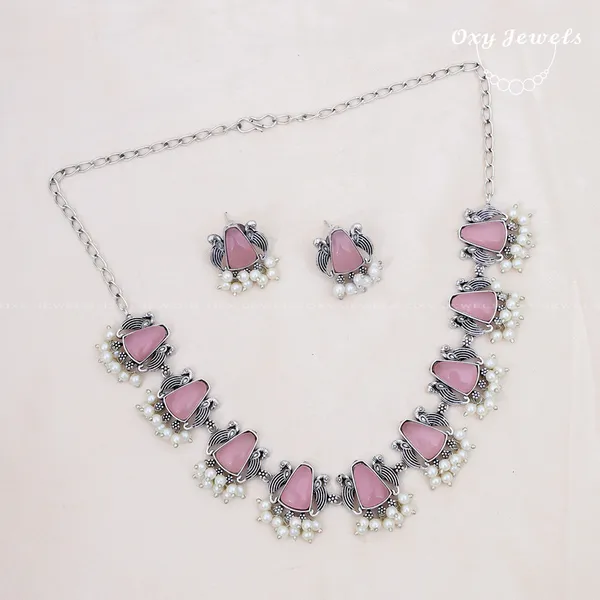 Oxidised_Silver_Necklace_Set_with_Pink_Stones_and_Pearl_Accents