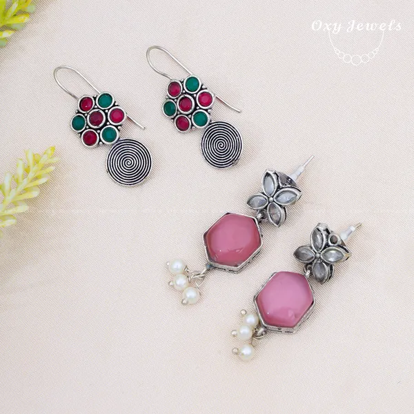 Pack_of_2_-_Oxidised_Silver_Earrings_with_Pink_and_Green_Stones_and_Pearl_Accents