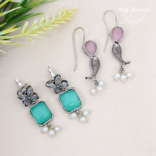Pack_of_2_-_Oxidised_Silver_Earrings_with_Aqua_Blue_and_Pink_Stones,_Pearl_Accents