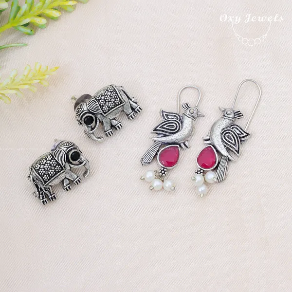 Pack_of_2_-_Oxidised_Silver_Elephant_and_Bird_Earrings_with_Ruby_Red_Stones_and_Pearls